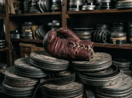 A boxing glove resting on vintage film canisters in a dark room.