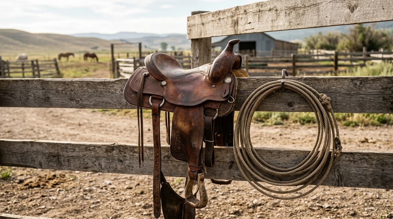 Close up of a leather saddle and rope on a wooden fence.