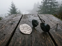 A police badge and aviator sunglasses on a rustic table representing a crossover of law enforcement and aviation themes.