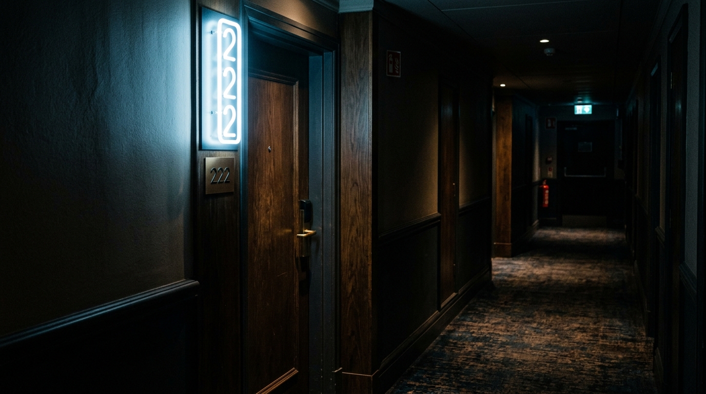 A hotel room door numbered 222 in a dark hallway.