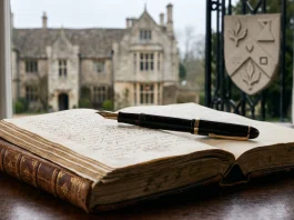 A fountain pen resting on an open book with a manor house in the background.