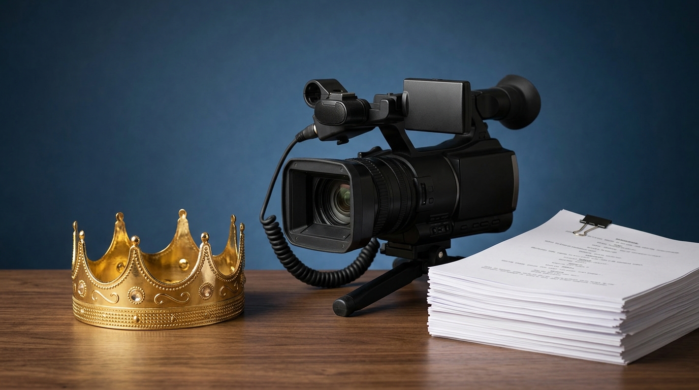 A crown and a TV camera on a desk with scripts.