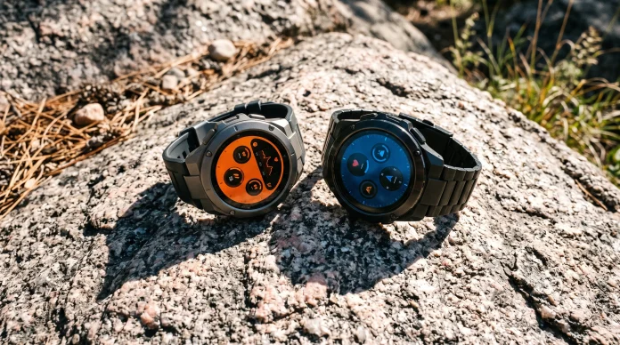 Two rugged smartwatches placed on a desert rock under intense direct sunlight.