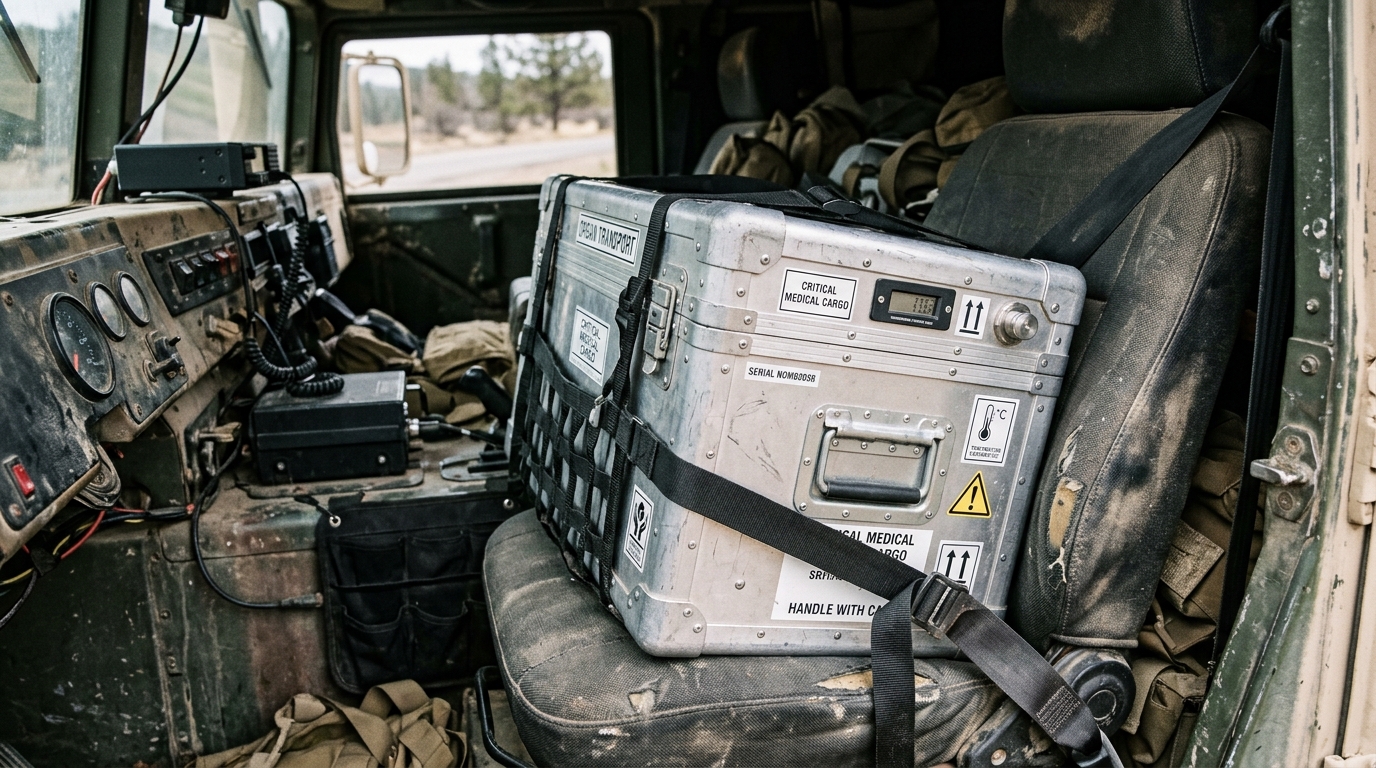 A metallic medical transport box in a vehicle.