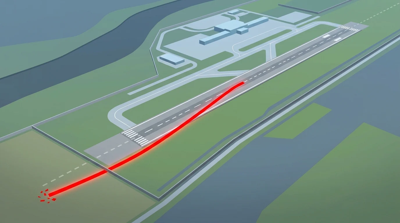3D schematic of a runway path showing an overrun trajectory.
