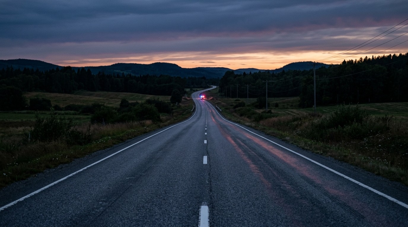 A lonely highway at twilight with emergency light reflections.