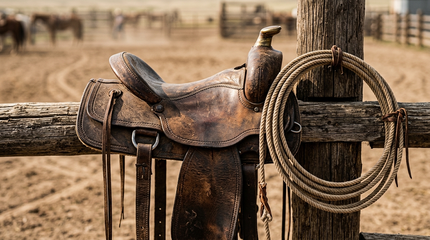 Close-up of ranching gear including a leather saddle and rope on a wooden fence.