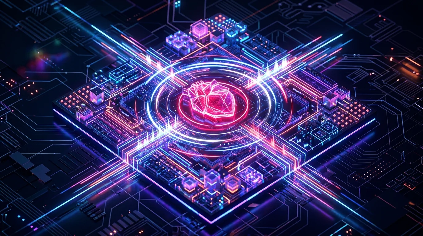 Abstract 3D render of a high-performance smartwatch processor chip.