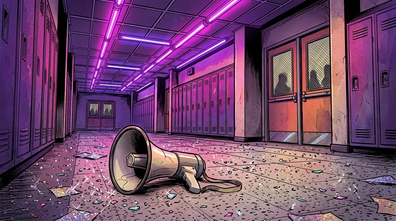 Conceptual high school hallway with neon lights and a megaphone.