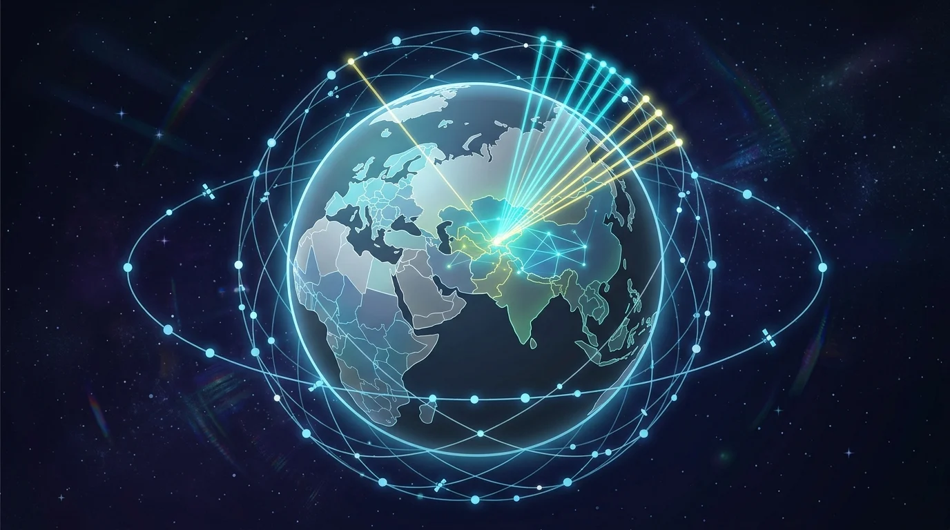 Abstract visualization of satellite constellation connectivity over Central Asia.