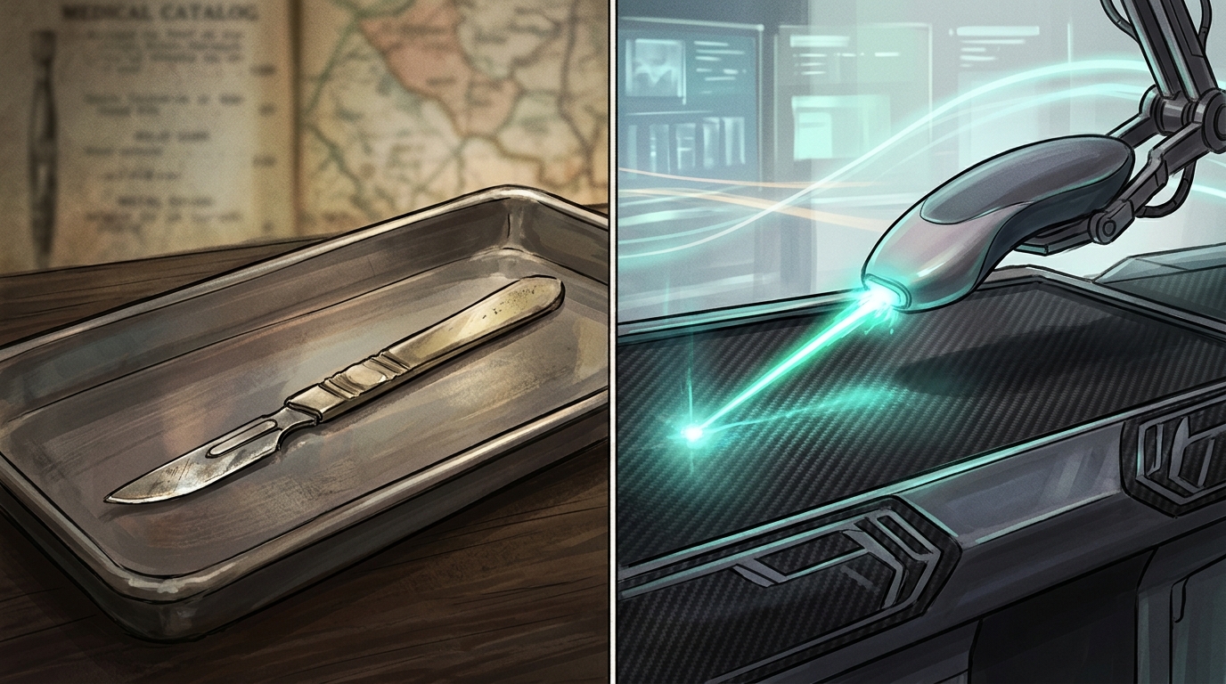 A conceptual comparison of traditional surgical tools and futuristic medical technology.