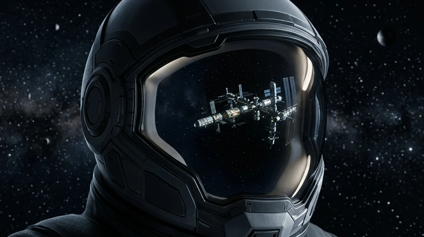 A sci-fi helmet visor reflecting a space station.