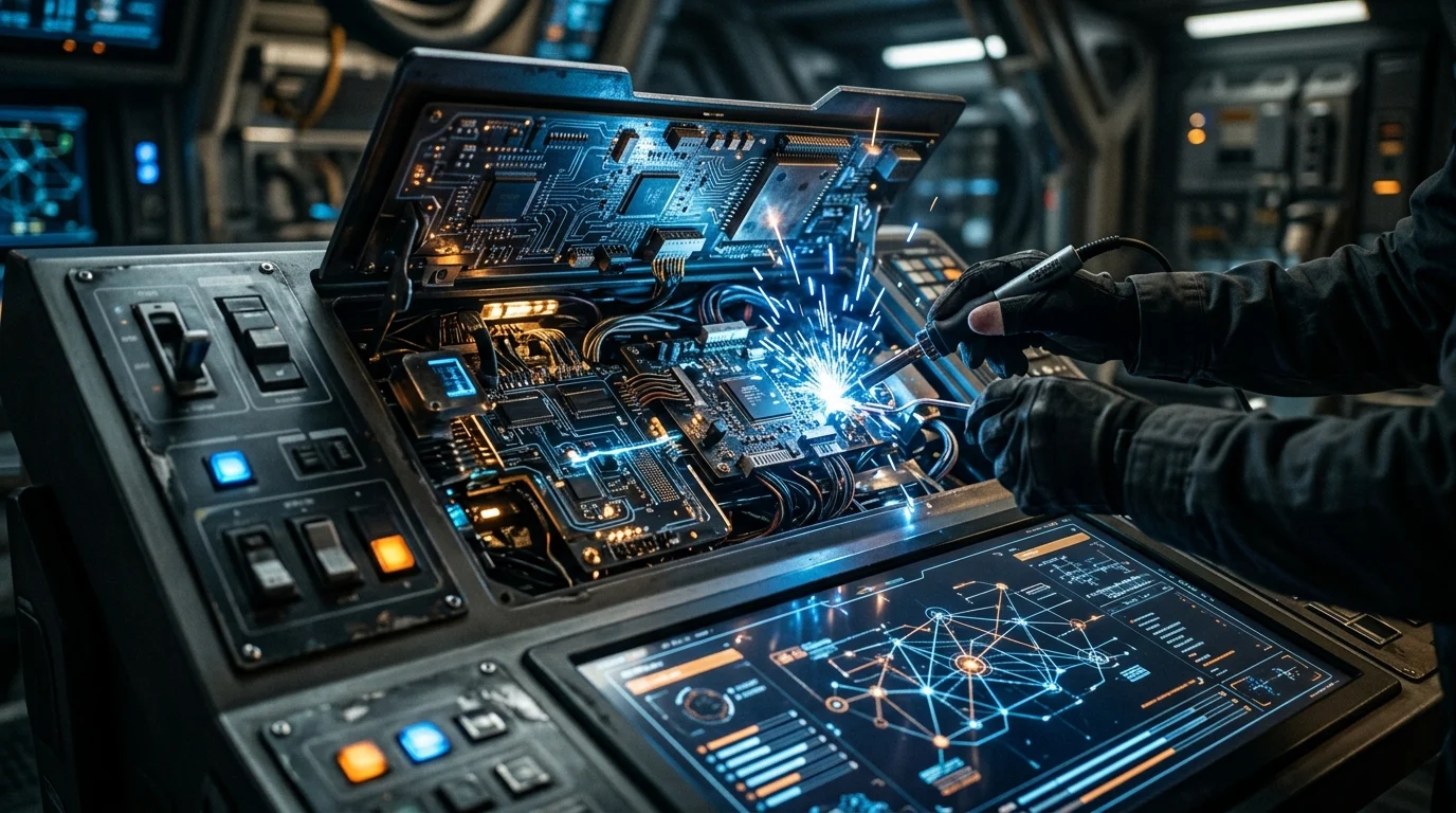 A conceptual close-up of a futuristic starship console undergoing a technical repair.