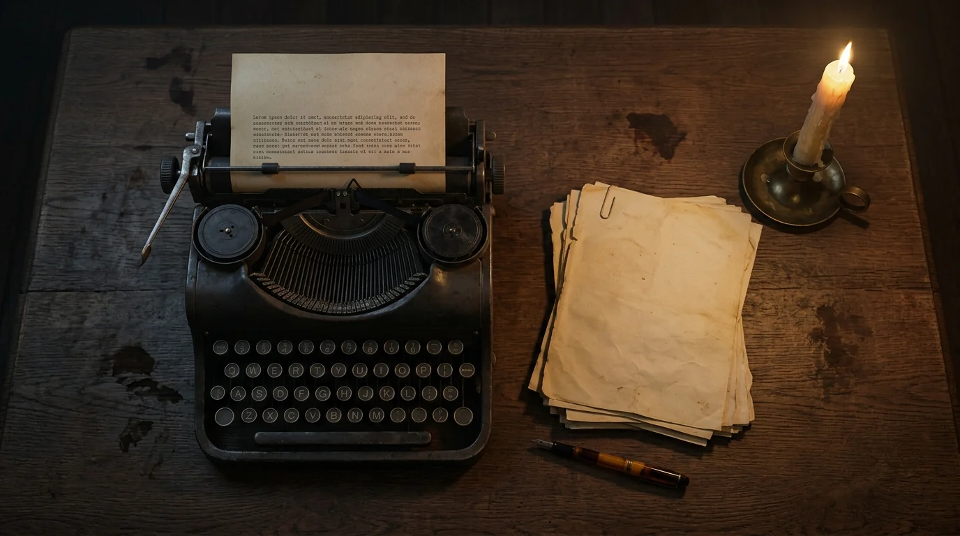 Zach Cregger to Produce but Not Direct Weapons Prequel Gladys 1 A top-down view of a vintage typewriter and manuscript papers on a dark desk.
