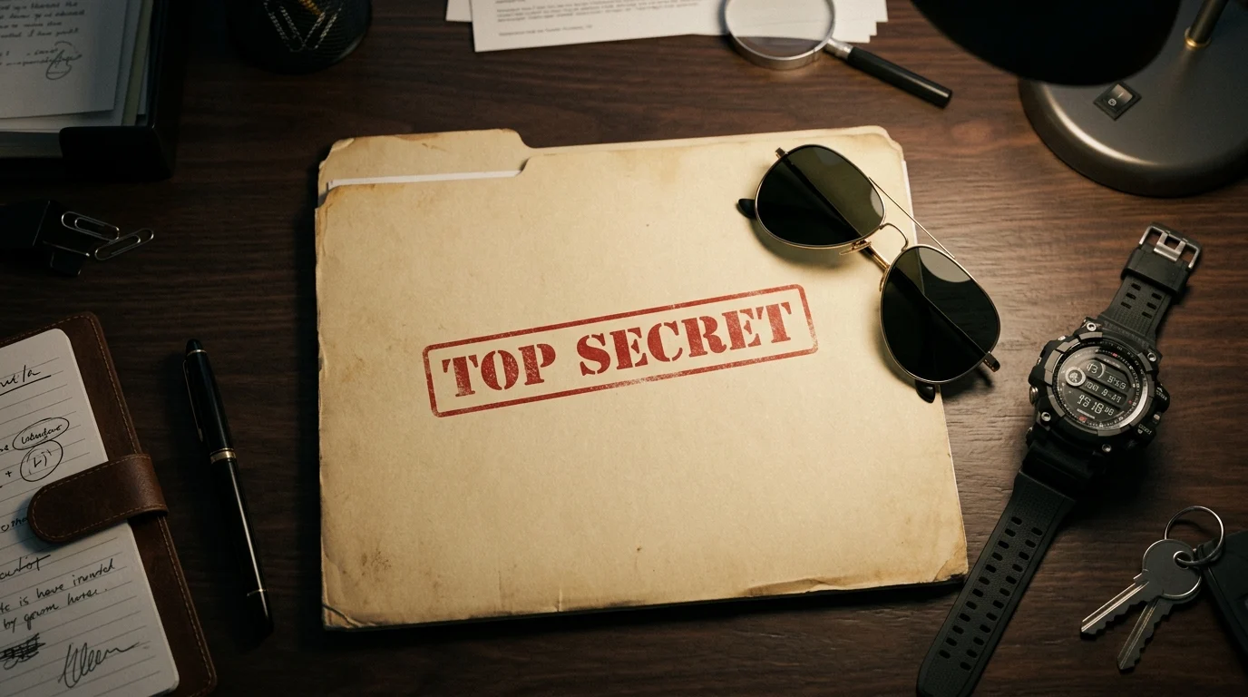 A conceptual image of a secret agent's desk with a folder and gear.