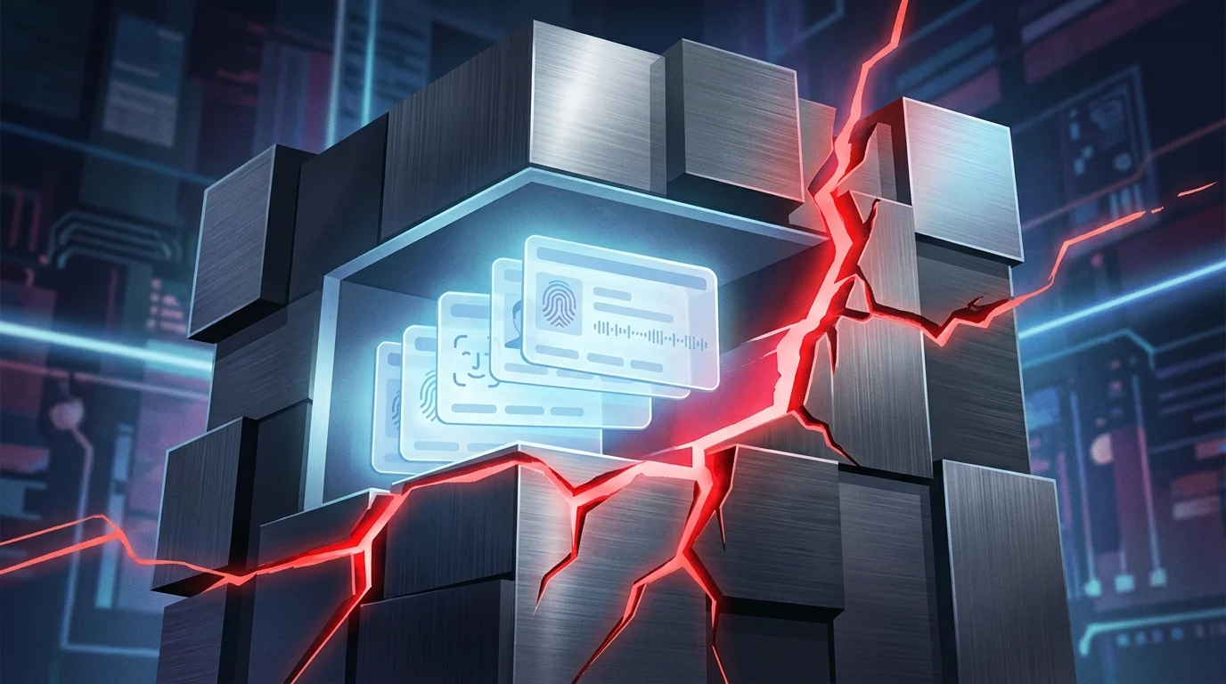 Conceptual image of a cracked digital vault containing identification cards.