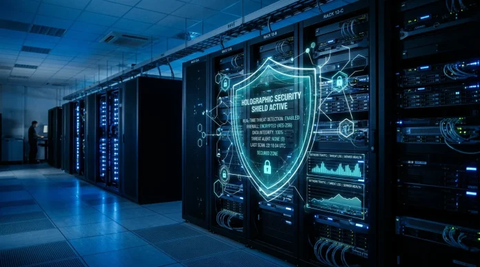 Secure server racks with blue lights.