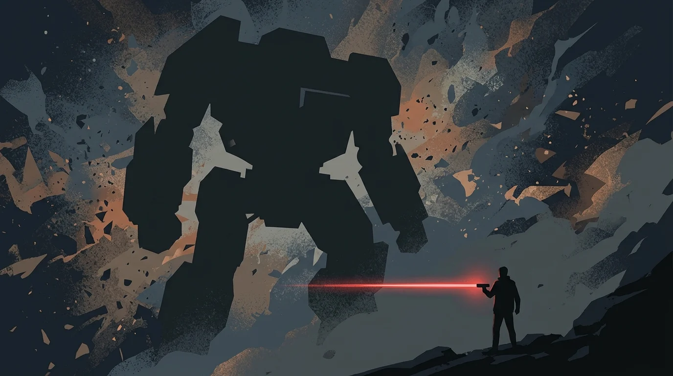 Avengers: Doomsday Merch References Cyclops' Death in Secret Wars Comics 1 Minimalist art of a giant robot and a character with a red eye beam.