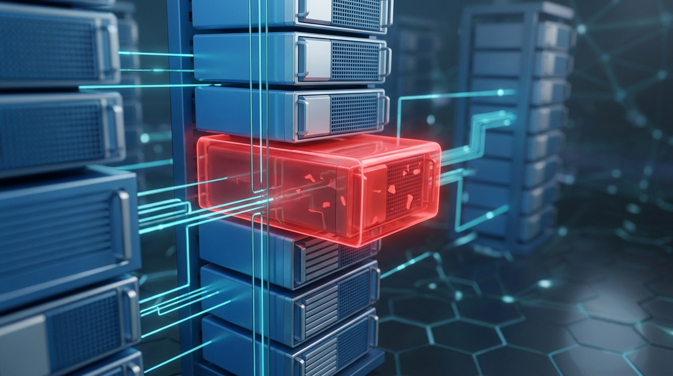 Abstract visualization of a server node with a red security breach indicator