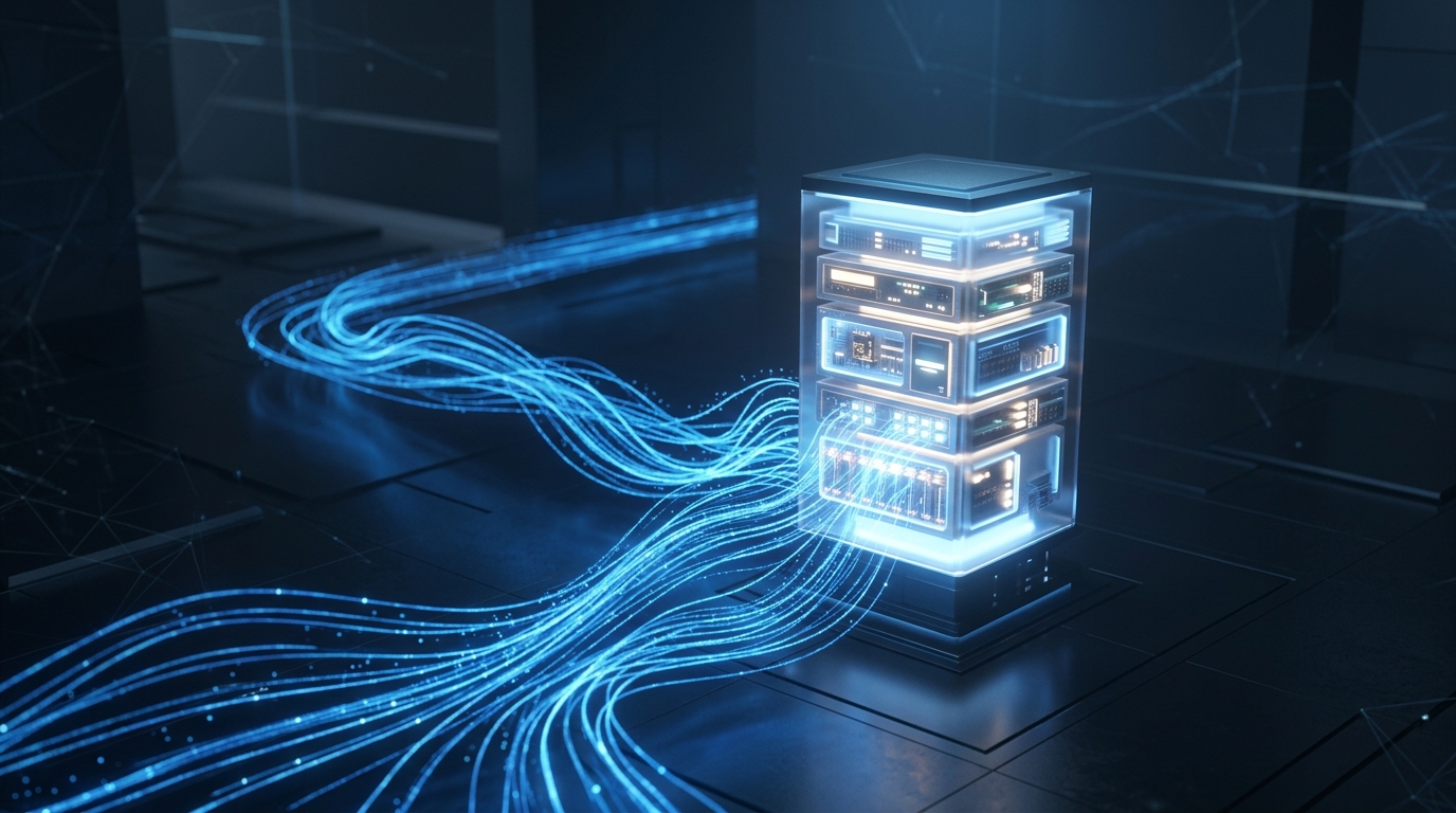 Conceptual 3D visualization of data servers and energy flow.