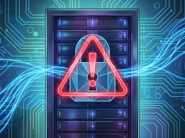 A conceptual digital security lock on a server rack with a red warning symbol.