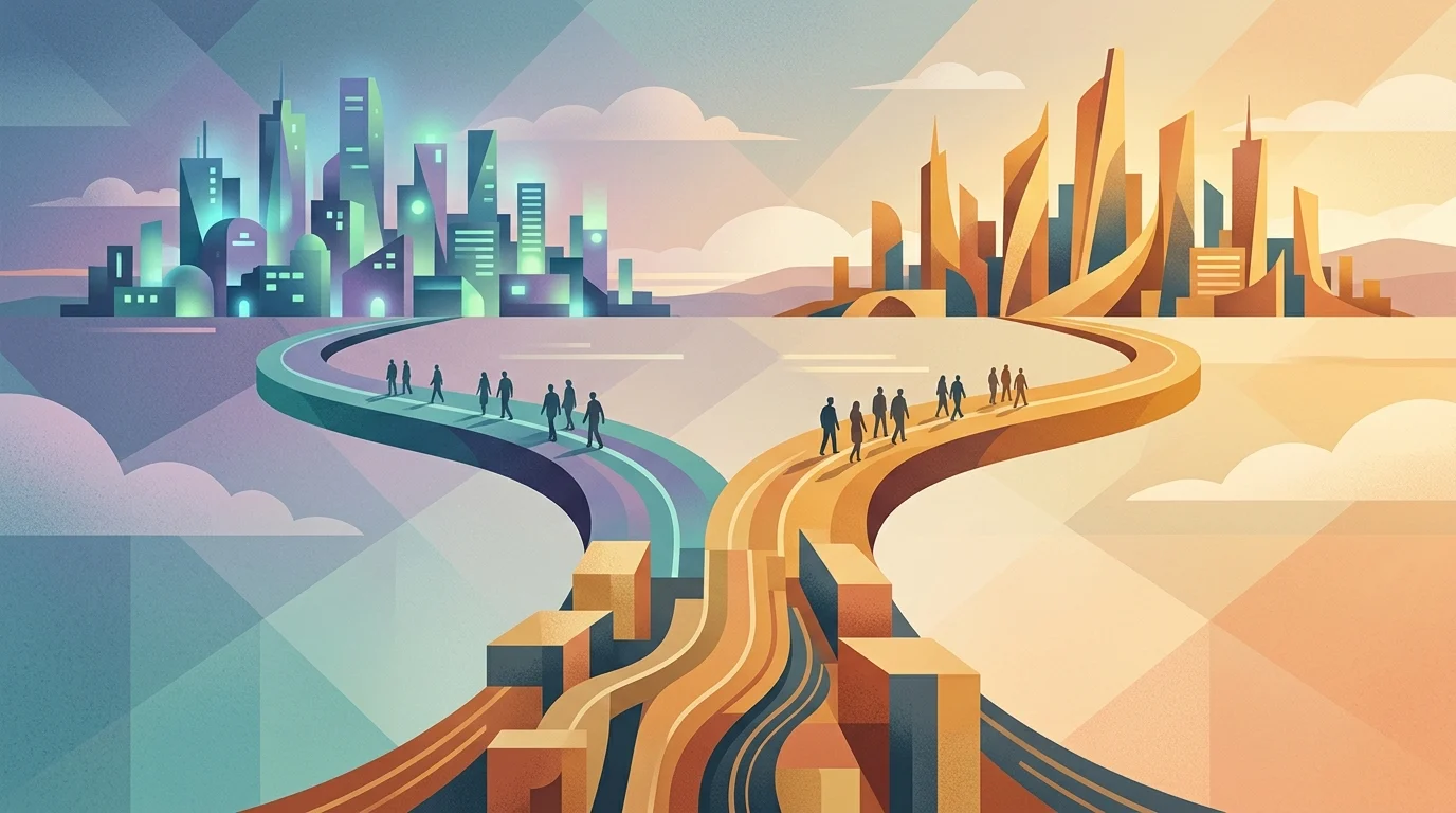 Abstract art representing shared paths and separate destinations.