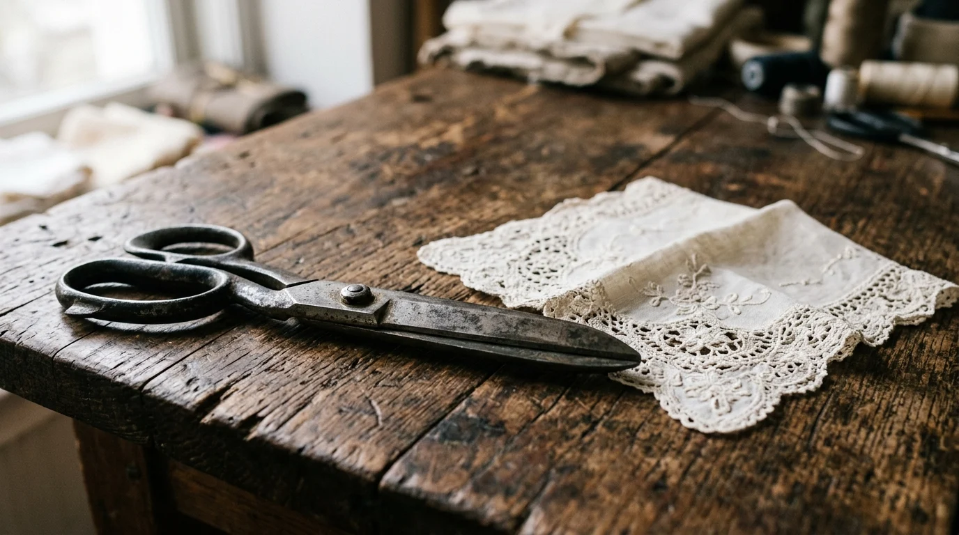 Vintage shears and a lace handkerchief on a wooden surface.