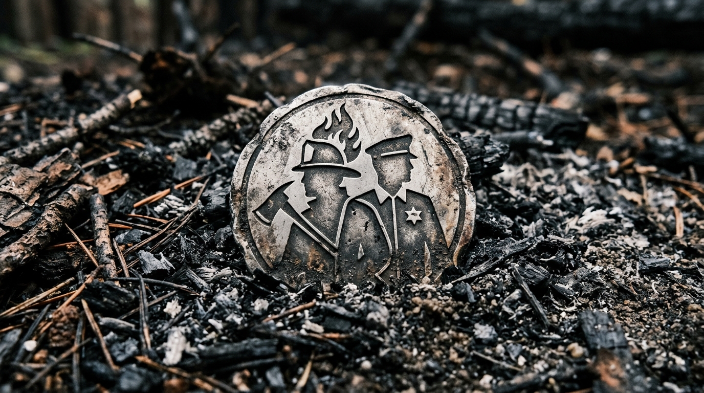A conceptual silver anonymous silhouettes badge resting in ash on a forest floor.