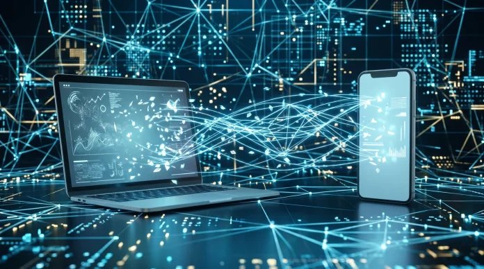 Conceptual visualization of digital data transferring between a desktop and mobile device through secure encrypted paths.