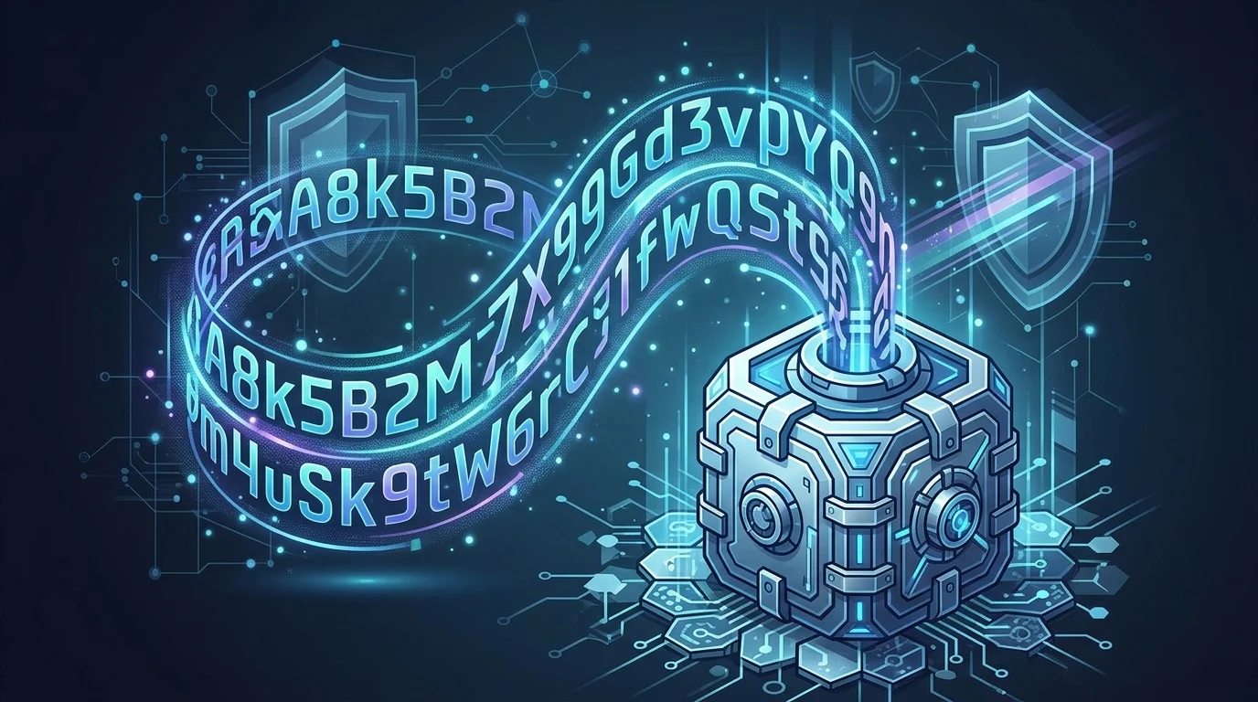 An abstract digital 64-character recovery key floating over a secure vault icon.