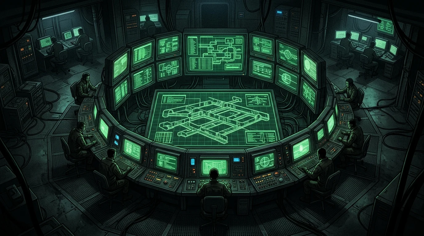 Conceptual depiction of a subterranean control center with monitors.
