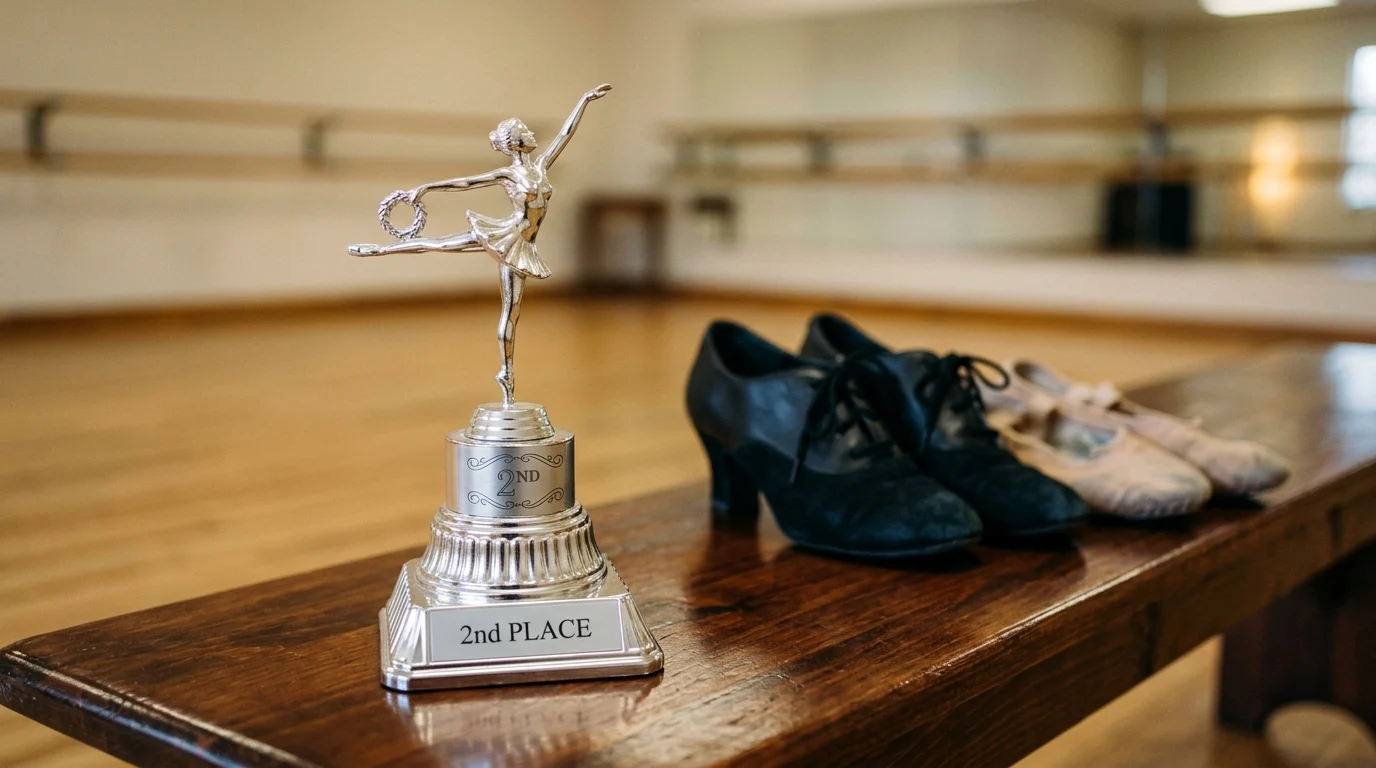 A silver runner-up trophy resting on a wooden surface with dance shoes in soft focus.