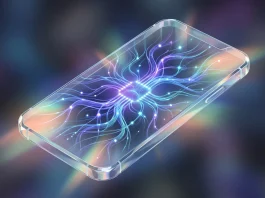 A conceptual digital illustration representing advanced mobile artificial intelligence through light and glass textures.