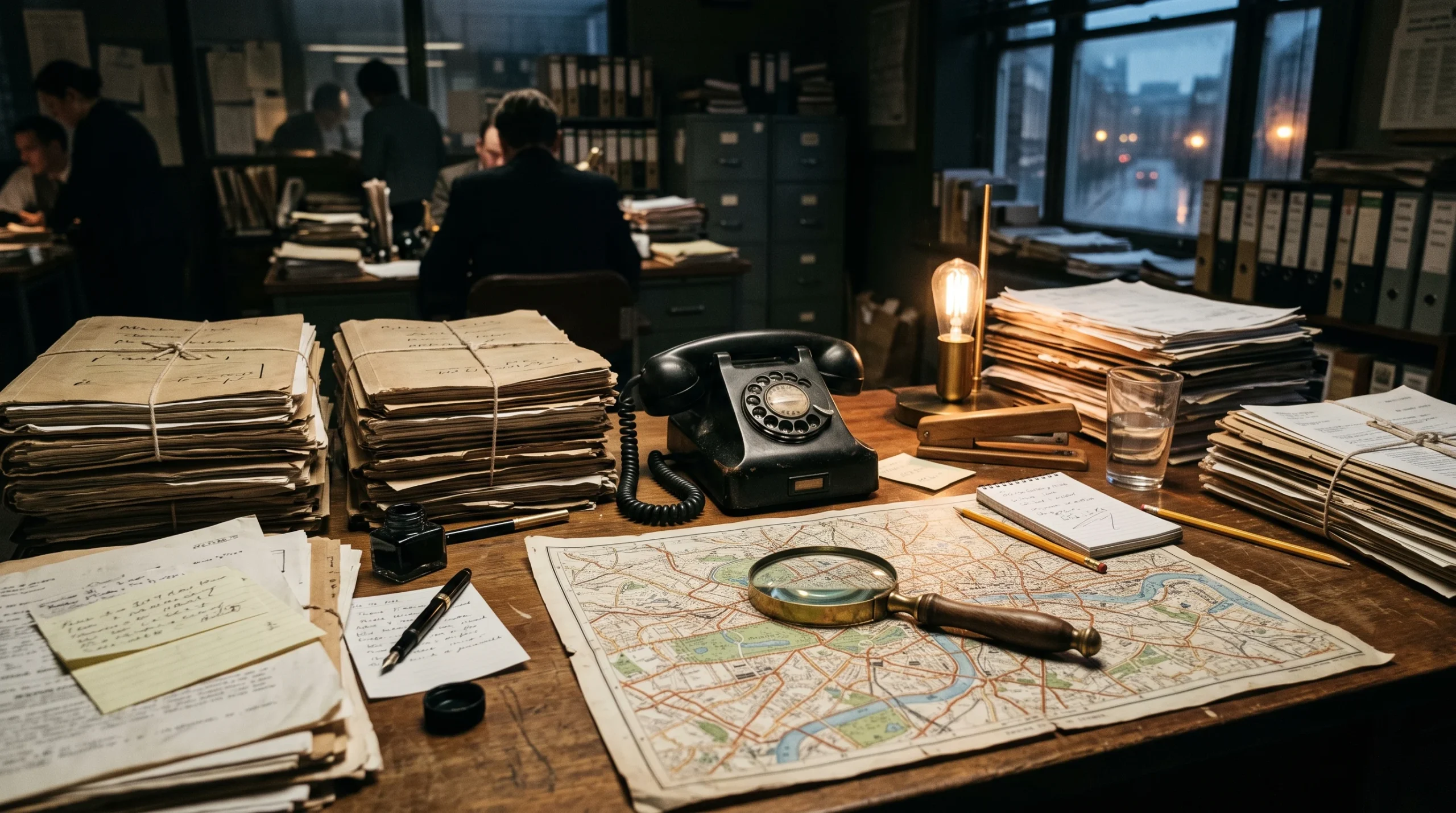 slow-horses-espionage-concept A conceptual image of an espionage desk with files and intelligence equipment.
