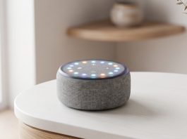 A conceptual smart speaker glowing with circular LED lights on a clean surface.