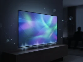 LG Denies Continuous Recording Claims Following OLED G5 Privacy Investigation A conceptual digital rendering of a TV screen with abstract soundwave and data icons.