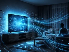 Conceptual illustration of data streaming from a smart television screen.