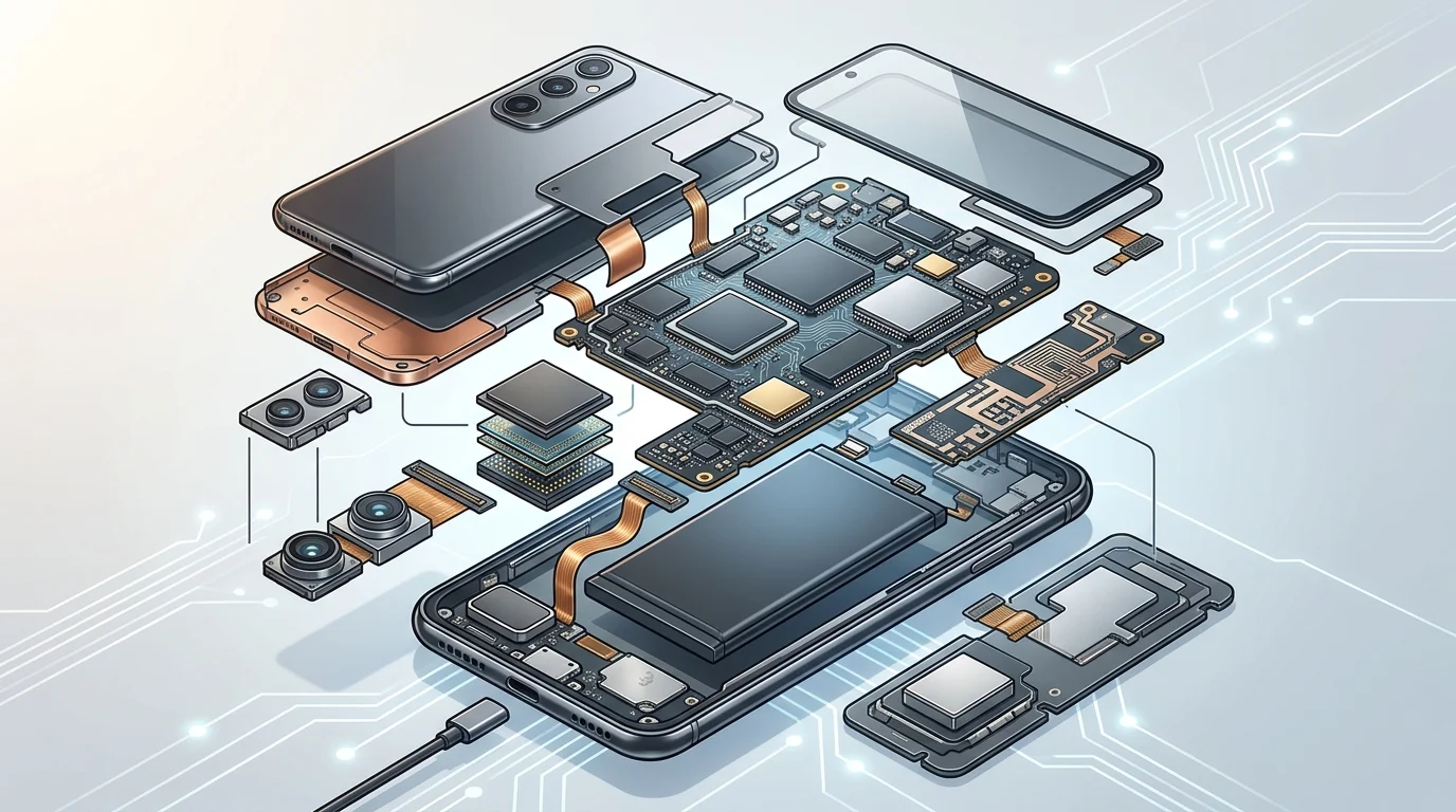 Internal components of a premium smartphone in a stylized exploded view.
