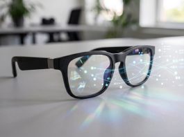 Conceptual close-up of a pair of high-end augmented reality glasses on a plain surface.