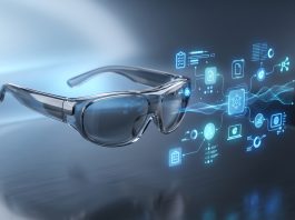 A conceptual digital illustration of AR hardware and an organizational interface.