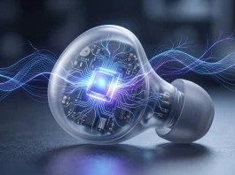 A conceptual representation of an advanced audio processor inside a wireless earbud showing Wi-Fi connectivity waves.