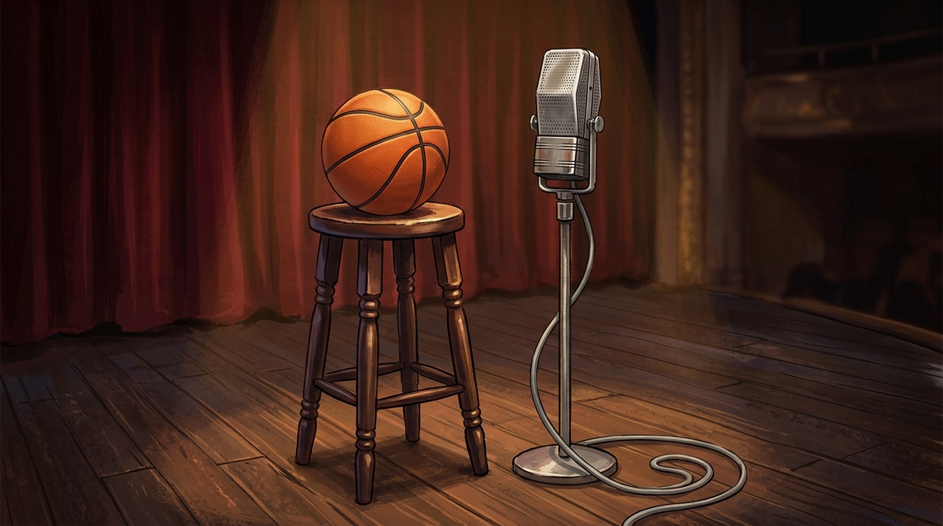 A basketball and a microphone on a stage representing the season 52 premiere host.