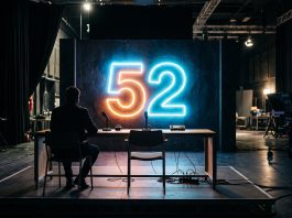 Conceptual image of a late-night television stage with the number 52 in neon.