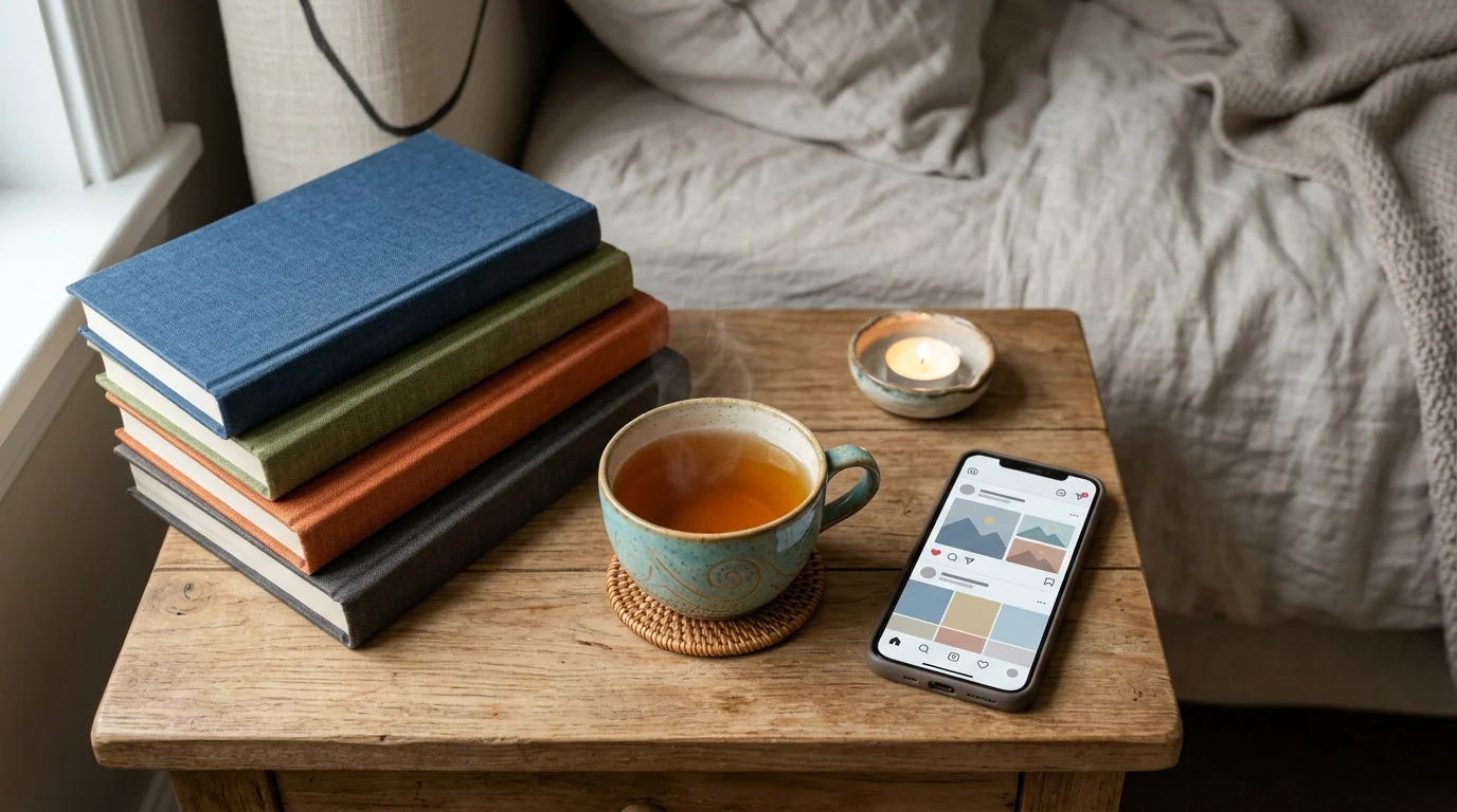 A smartphone and books on a bedside table.
