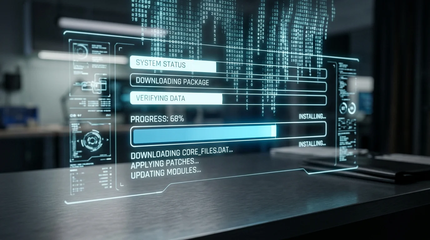 Close-up of a digital screen showing an update progress bar.