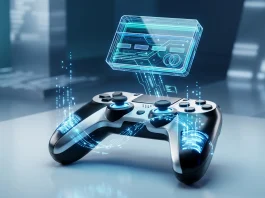 Conceptual 3D render of a game controller interacting with a digital payment symbol.