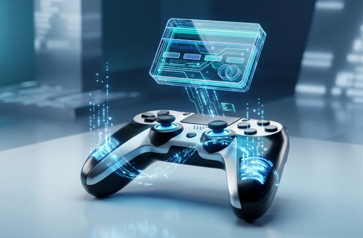 Conceptual 3D render of a game controller interacting with a digital payment symbol.