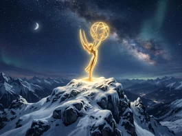 A gold trophy on a snowy mountain peak.