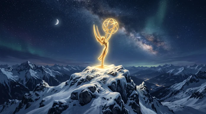 A gold trophy on a snowy mountain peak.