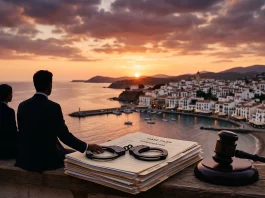 Handcuffs and modeling anonymous silhouettes on a wooden table with a Spanish coastal town in the background.